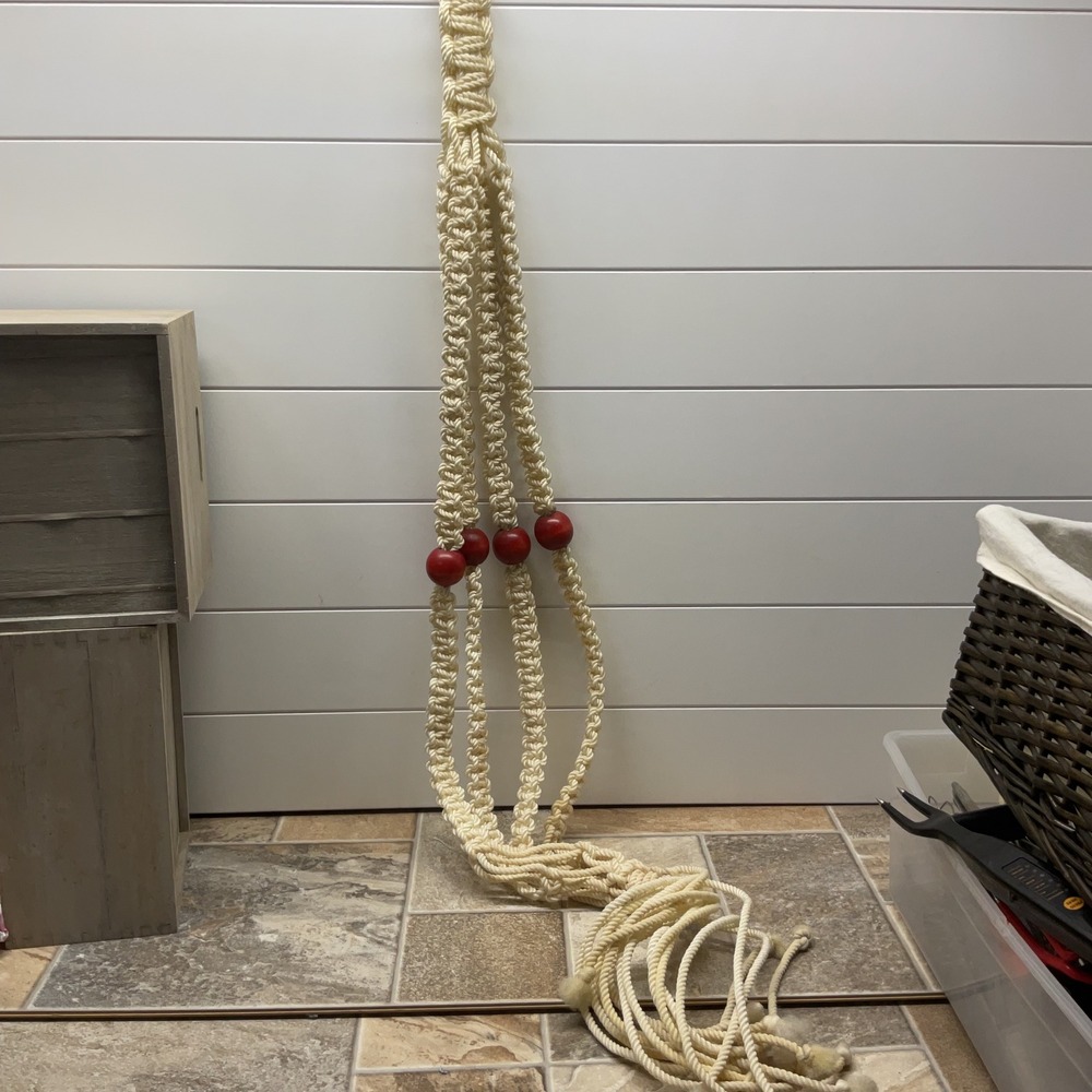 Vintage Macrame Plant Hanger Cream Braided Rope Red Wooden Beads 36 Inch Boho